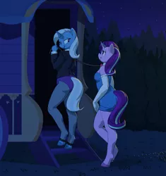 Size: 3205x3403 | Tagged: suggestive, artist:carnifex, derpibooru import, starlight glimmer, trixie, anthro, unguligrade anthro, unicorn, bdsm, blazer, bondage, bowtie, breasts, butt, clothes, collar, commissioner:citizenwolf, cufflinks, dress, female, glimmer glutes, gloves, grass, image, leash, leggings, lesbian, magician outfit, night, pantyhose, pet play, png, shipping, shirt, starry sky, stars, startrix, strapless dress, the great and powerful ass, tree, trixie's wagon, wagon