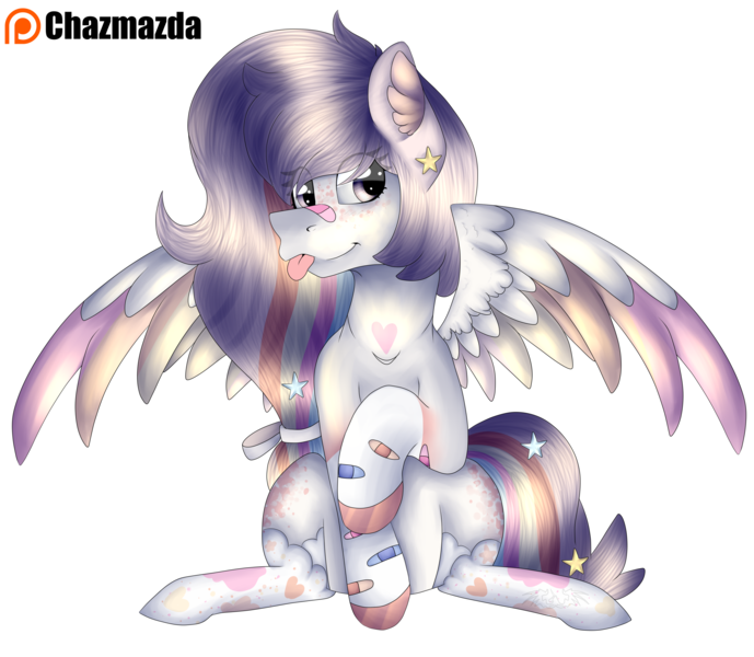 Size: 3740x3257 | Tagged: safe, artist:chazmazda, derpibooru import, oc, pony, bandaid, clothes, commission, commissions open, cute, feather, fullbody, highlight, hooves, image, markings, photo, png, rainbow, shade, shine, shiny eyes, simple background, socks, solo, stars, tongue out, transparent background