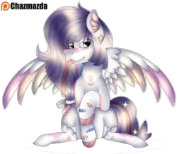 Size: 3740x3257 | Tagged: safe, artist:chazmazda, derpibooru import, oc, pony, bandaid, clothes, commission, commissions open, cute, feather, fullbody, highlight, hooves, image, markings, photo, png, rainbow, shade, shine, shiny eyes, simple background, socks, solo, stars, tongue out, transparent background