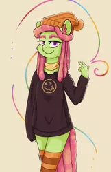 Size: 1510x2333 | Tagged: safe, artist:ratann, derpibooru import, tree hugger, anthro, earth pony, pony, cigarette, clothes, female, hat, image, jpeg, looking at you, simple background, smoking, socks, solo, sweater, thigh highs, white background
