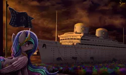 Size: 3669x2200 | Tagged: safe, artist:ryanmangaming, derpibooru import, princess celestia, alicorn, pony, equestria at war mod, 1930s, atmospheric, cheering, cloud, cloudy, crane, crowd, digital painting, flag, flag pole, harbor, high res, image, looking at something, ocean, ocean liner, painting, png, realistic, scenery, scenery porn, ship, smiling, solo focus, sunset, wallpaper