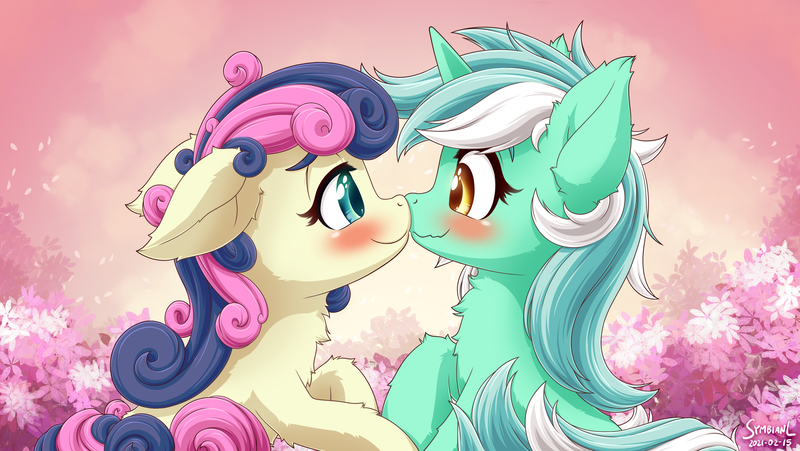 Size: 3550x2000 | Tagged: safe, artist:symbianl, derpibooru import, bon bon, lyra heartstrings, sweetie drops, earth pony, pony, unicorn, adorabon, blushing, chest fluff, cute, female, floppy ears, image, imminent kissing, lesbian, looking at each other, lyrabetes, lyrabon, mare, png, remake, shipping, smiling