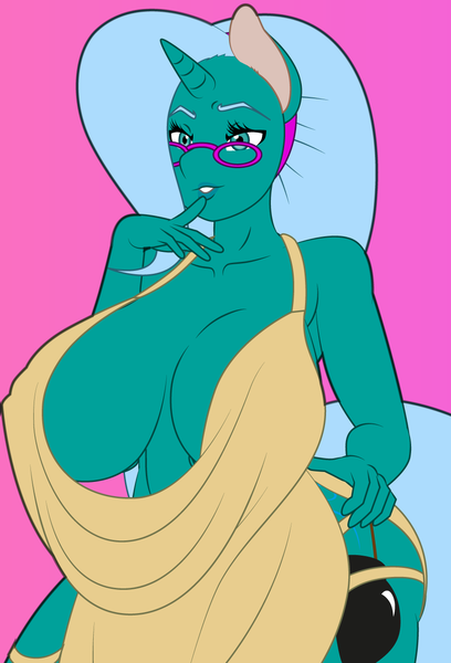 Size: 906x1332 | Tagged: source needed, suggestive, artist:dekomaru, derpibooru import, edit, oc, oc:hazel lulamoon, unofficial characters only, anthro, pony, unicorn, absolute cleavage, anthro oc, big breasts, breasts, cleavage, clothes, digital art, dress, female, gilf, glasses, grandmother, hand on hip, horn, huge breasts, image, impossibly large breasts, mare, monochrome, needs more saturation, png, side slit, simple background, solo, solo female, total sideslit, unicorn oc