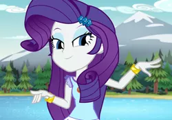 Size: 1540x1080 | Tagged: safe, derpibooru import, screencap, rarity, equestria girls, legend of everfree, camp everfree outfits, cropped, image, lidded eyes, png, solo