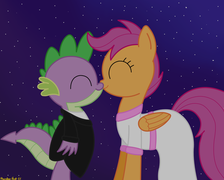 Size: 3750x3016 | Tagged: safe, artist:rainbowšpekgs, derpibooru import, scootaloo, spike, dragon, pegasus, pony, clothes, cute, dress, female, image, kissing, male, night, png, request, scootaspike, shipping, standing, straight, suit
