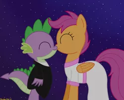 Size: 3750x3016 | Tagged: safe, artist:rainbowšpekgs, derpibooru import, scootaloo, spike, dragon, pegasus, pony, clothes, cute, dress, female, image, kissing, male, night, png, request, scootaspike, shipping, standing, straight, suit