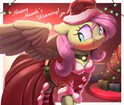 Size: 4000x3414 | Tagged: safe, artist:nookprint, derpibooru import, fluttershy, pegasus, pony, bell, bell collar, blushing, christmas, christmas tree, clothes, collar, costume, cute, hat, hearth's warming eve, holiday, image, png, santa costume, santa hat, shyabetes, sleigh bells, smiling, solo, spread wings, tree, wings