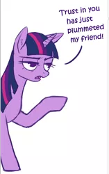 Size: 698x1108 | Tagged: artist needed, source needed, safe, derpibooru import, twilight sparkle, pony, unicorn, azumanga daioh, dialogue, image, png, raised hoof, reaction image, reference, solo, twilight is not amused, unamused, unicorn twilight