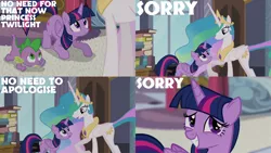 Size: 1986x1117 | Tagged: safe, derpibooru import, edit, edited screencap, editor:quoterific, screencap, princess celestia, spike, twilight sparkle, twilight sparkle (alicorn), alicorn, dragon, pony, princess twilight sparkle (episode), book, duo, duo female, female, grin, gritted teeth, image, male, nervous, nervous grin, png, smiling, teeth, trio