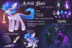 Size: 2991x2000 | Tagged: safe, artist:astralblues, derpibooru import, oc, oc:astral blues, cat, original species, pony, unicorn, book, bowtie, candle, chest fluff, dagger, ear fluff, hoof fluff, image, jpeg, leg fluff, magic, magic aura, pale belly, puppet, reference sheet, solo, tentacles, weapon