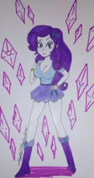 Size: 1114x2100 | Tagged: safe, artist:amyrosexshadowlover, derpibooru import, rarity, equestria girls, bedroom eyes, blue eyes, boots, bracelet, breasts, busty rarity, cleavage, clothes, cute, eyelashes, female, hand on hip, high heel boots, image, jewelry, jpeg, legs, makeup, purple hair, raribetes, shoes, signature, skirt, solo, traditional art, white skin