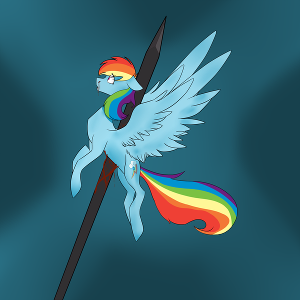 Size: 2449x2449 | Tagged: grimdark, artist:toptian, derpibooru import, rainbow dash, pegasus, pony, blood, dead, female, image, impalement, mare, nosebleed, png, snuff, solo, wide eyes