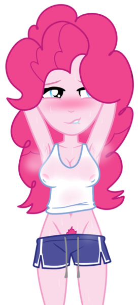 Size: 993x2178 | Tagged: questionable, artist:gunkye, derpibooru import, pinkie pie, human, equestria girls, arm behind head, armpits, belly button, blushing, breasts, busty pinkie pie, cleavage, clothes, dolphin shorts, erect nipples, image, lip bite, nipple outline, nipples, nudity, pink nipples, png, pubic hair, pubic hair slip, see-through, shirt, shorts, show accurate, side slit, simple background, solo, sweat, tanktop, tomboy, transparent background, two toned bottomwear, wet clothes, wet shirt, white topwear