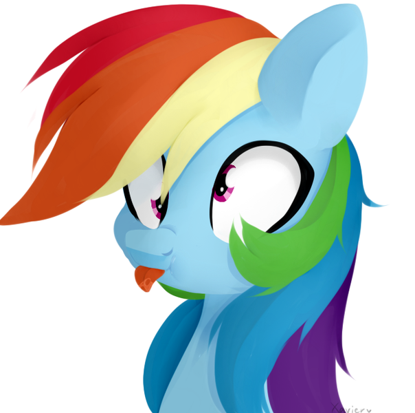 Size: 644x640 | Tagged: safe, artist:shiny-dust, derpibooru import, rainbow dash, pegasus, pony, bust, cross-eyed, derp, image, png, portrait, silly, simple background, solo, tongue out, white background