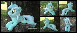 Size: 4050x1754 | Tagged: safe, artist:peruserofpieces, derpibooru import, lyra heartstrings, pony, unicorn, beanie (plushie), female, horn, image, irl, looking at you, lying down, mare, photo, plushie, png, prone, smiling, smiling at you, solo, tree