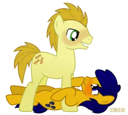 Size: 1200x1076 | Tagged: safe, artist:jennieoo, derpibooru import, oc, oc:blackberry surprise, oc:peanut medley, unofficial characters only, earth pony, pony, blushing, domination, gay, image, lying down, male, on back, on top, png, show accurate, simple background, stallion, transparent background
