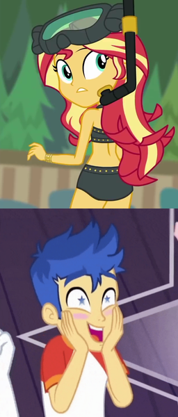 Size: 606x1422 | Tagged: safe, derpibooru import, edit, screencap, flash sentry, sunset shimmer, equestria girls, equestria girls series, spring breakdown, unsolved selfie mysteries, ass, backless, beach shorts swimsuit, bikini, blushing, bunset shimmer, butt, clothes, cropped, diving goggles, female, flashimmer, image, looking back, male, midriff, png, rear view, shipping, shipping domino, sleeveless, snorkel, starry eyes, straight, sunset shimmer's beach shorts swimsuit, swimsuit, wingding eyes