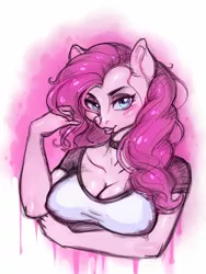 Size: 1200x1600 | Tagged: suggestive, artist:noupie, derpibooru import, pinkie pie, anthro, abstract background, arm under breasts, bedroom eyes, big breasts, blushing, breasts, busty pinkie pie, choker, cleavage, erect nipples, eyelashes, eyeshadow, image, jpeg, lips, lipstick, makeup, nipple outline, sexy, stupid sexy pinkie