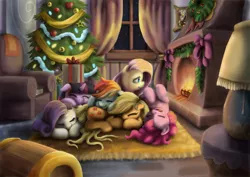 Size: 1700x1202 | Tagged: safe, artist:tarkron, derpibooru import, applejack, discord, fluttershy, pinkie pie, rainbow dash, rarity, twilight sparkle, draconequus, earth pony, pegasus, pony, unicorn, armchair, christmas, christmas lights, christmas tree, cuddle puddle, cuddling, cute, dashabetes, diapinkes, eyes closed, fire, fireplace, holiday, hooves to the chest, image, indoors, jackabetes, looking at something, lying down, mane six, nap, on back, on the floor, open mouth, picture frame, png, pony pile, present, prone, raribetes, shyabetes, sleeping, smiling, tree, twiabetes, weapons-grade cute