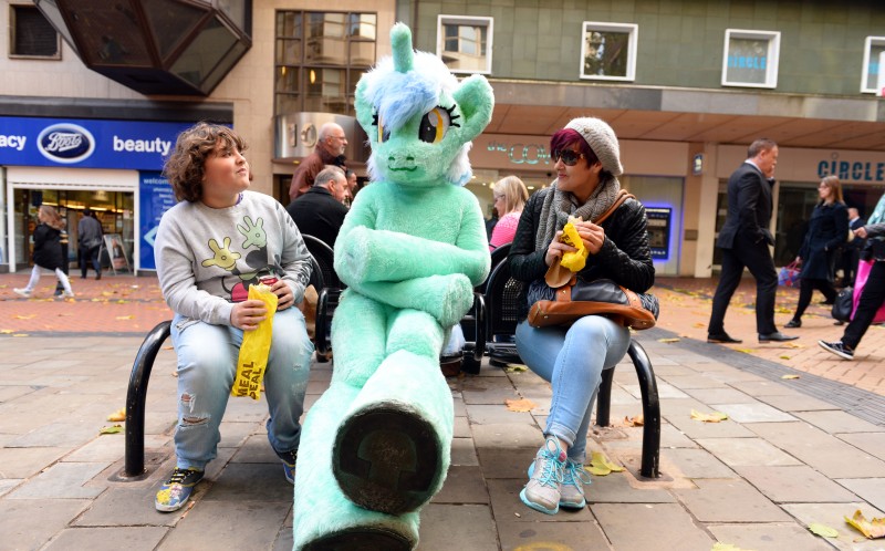 Size: 800x498 | Tagged: safe, derpibooru import, lyra heartstrings, anthro, human, arm hooves, bench, birmingham, fursuit, image, irl, irl human, irl photo, jpeg, photo, ponysuit, underhoof, united kingdom