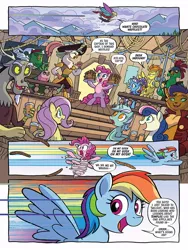 Size: 768x1024 | Tagged: safe, artist:tonyfleecs, derpibooru import, idw, bon bon, boyle, capper dapperpaws, captain celaeno, discord, fluttershy, lix spittle, lyra heartstrings, mullet (character), pinkie pie, rainbow dash, spitfire, sweetie drops, trixie, abyssinian, bird, draconequus, earth pony, parrot, parrot pirates, pegasus, pony, unicorn, my little pony: the movie, spoiler:comic, spoiler:comic96, airship, bipedal, female, food, image, jpeg, male, mare, periscope, pirate, season 10, waffle