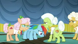 Size: 1280x720 | Tagged: safe, derpibooru import, screencap, apple rose, goldie delicious, granny smith, rainbow dash, pony, grannies gone wild, image, jpeg