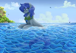 Size: 1771x1234 | Tagged: safe, artist:nekomellow, derpibooru import, oc, bird, fish, seapony (g4), shark, art trade, blue eyes, blue mane, cloud, fish tail, image, jewelry, logo, necklace, ocean, png, seashell, seaweed, shell, sky, smiling, solo, tail, tree, water