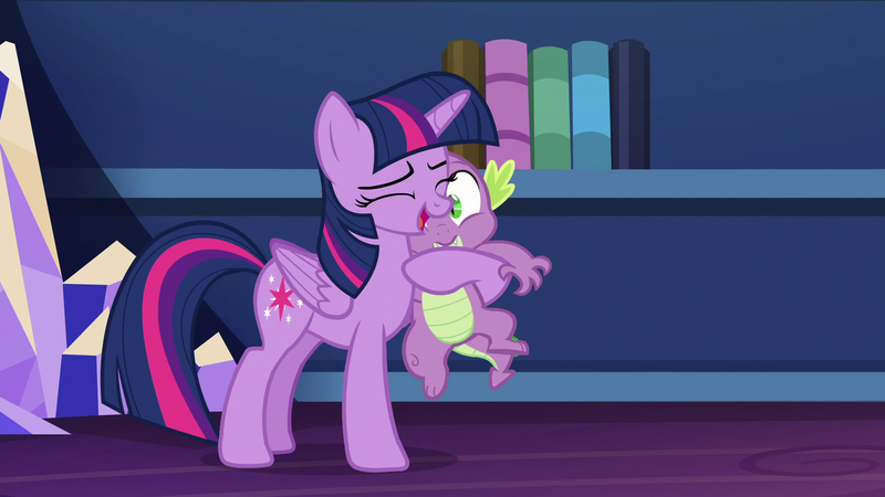 Size: 1920x1080 | Tagged: safe, derpibooru import, screencap, spike, twilight sparkle, twilight sparkle (alicorn), alicorn, dragon, pony, what about discord?, duo, eyes closed, female, hug, image, male, mare, open mouth, png, twilight's castle