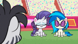 Size: 1920x1080 | Tagged: safe, derpibooru import, screencap, rarity, vinyl scratch, pony, zebra, my little pony: pony life, the rarity report, spoiler:pony life s01e25, animated, bipedal, cartoon physics, clothes, eyes closed, female, hammerspace, herd happily, image, male, mare, microphone, mute, mute vinyl, necktie, record, shirt, sitting, webm