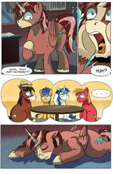 Size: 2036x3148 | Tagged: safe, artist:candyclumsy, author:bigonionbean, derpibooru import, big macintosh, flash sentry, shining armor, trouble shoes, oc, oc:king speedy hooves, alicorn, clydesdale, earth pony, pegasus, pony, unicorn, comic:the birth of speedy hooves, butt, comic, commissioner:bigonionbean, confused, confusion, cutie mark, dialogue, exhausted, flank, flashback, fusion, fusion:king speedy hooves, image, male, passed out, plot, png, shocked, sleeping, stallion, surprised, table, thought bubble, thoughts