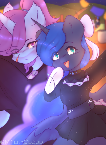 Size: 1100x1500 | Tagged: safe, artist:m1lkycloud, derpibooru import, princess luna, oc, oc:azure night, azuna, canon x oc, clothes, costume, cute, halloween, holiday, image, nightmare night, png