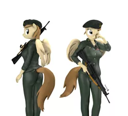 Size: 2169x1980 | Tagged: safe, artist:spinostud, derpibooru import, oc, oc:coffe, anthro, assault rifle, beret, clothes, gun, hat, image, looking over shoulder, military, military uniform, pants, png, rifle, shirt, standing, weapon