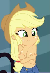 Size: 461x673 | Tagged: suggestive, artist:breezietype, derpibooru import, applejack, equestria girls, equestria girls series, street chic, spoiler:eqg series (season 2), applejack's hat, belly button, blonde hair, boob freckles, breasts, busty applejack, chest freckles, clothes, cold, covering breasts, cowboy hat, cowgirl, crossed arms, denim shorts, female, freckled breasts, freckles, green eyes, hat, image, outdoors, partial nudity, plump, png, sexy, shivering, shorts, solo, solo female, tomboy, topless, topless edit