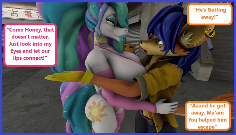 Size: 1280x731 | Tagged: suggestive, artist:megacheese, derpibooru import, princess celestia, alicorn, anthro, fox, 3d, ass, big breasts, big lips, bikini, bimbo, bimbo celestia, breasts, busty princess celestia, butt, carmelita fox, character to character, choker, clothes, crossover, cutie mark, duo, duo female, ear piercing, earring, eyes closed, female, horn, huge breasts, image, jewelry, jpeg, lesbian, looking at each other, makeup, piercing, sly cooper, socks, source filmmaker, speech bubble, stockings, sunbutt, swimsuit, tail, text, thigh highs, transformation, transformation sequence, twinning, wings