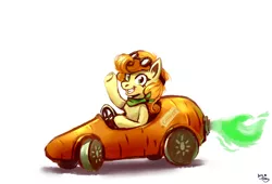 Size: 2800x1900 | Tagged: safe, artist:amy-gamy, derpibooru import, carrot top, golden harvest, earth pony, pony, car, carrot, cute, driving, female, food, goggles, happy, image, jpeg, looking at you, mare, simple background, sitting, smiling, smiling at you, solo, waving, white background