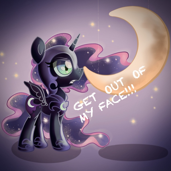 Size: 2549x2549 | Tagged: safe, artist:eris azure, derpibooru import, nightmare moon, alicorn, pony, angry, armor, blue eyes, crescent moon, cute, high res, image, jpeg, moon, simple background, solo, stars, strings