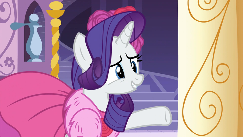 Size: 1920x1080 | Tagged: safe, derpibooru import, screencap, rarity, pony, unicorn, no second prances, carousel boutique, clothes, cropped, cute, dress, female, flower, grin, image, mare, nervous, nervous grin, png, raised hoof, raribetes, rose, smiling, solo, teeth