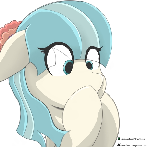 Size: 2000x2000 | Tagged: safe, artist:drawalaverr, derpibooru import, coco pommel, earth pony, pony, bust, cocobetes, cute, eye clipping through hair, female, flower, flower in hair, image, jpeg, looking down, mare, portrait, simple background, solo, white background