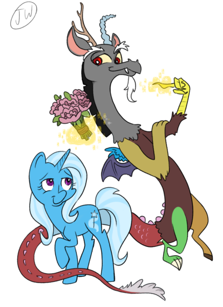 Size: 2088x2871 | Tagged: safe, artist:jbrid, derpibooru import, discord, trixie, bouquet, duo, female, flower, image, male, png, shipping, simple background, straight, transparent background, trixcord