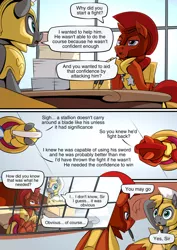 Size: 1024x1449 | Tagged: safe, derpibooru import, oc, oc:captain sunride, oc:cloud zapper, pony, comic:cloud zapper and the helm of chaos, armor, boss, image, interrogation, jpeg, office, royal guard, royal guard armor