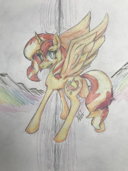 Size: 3024x4032 | Tagged: safe, artist:scribleydoodles, derpibooru import, sunset shimmer, alicorn, pony, alicornified, female, grin, image, jpeg, mare, race swap, shimmercorn, sketch, smiling, traditional art