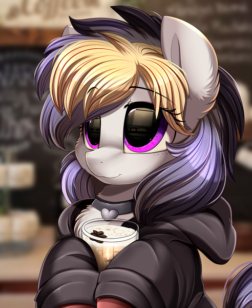 Size: 1446x1764 | Tagged: safe, artist:pridark, derpibooru import, oc, oc:liquorice sweet, unofficial characters only, earth pony, pony, beverage, clothes, collar, commission, cute, eye clipping through hair, female, hoodie, image, mare, mug, png, smiling, solo, weapons-grade cute