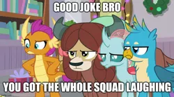 Size: 888x499 | Tagged: safe, derpibooru import, gallus, ocellus, smolder, yona, changedling, changeling, yak, caption, frown, gallus is not amused, image, image macro, jpeg, meme, ocellus is not amused, reaction image, sarcasm, smolder is not amused, text, unamused, yona is not amused, you got the whole squad laughing