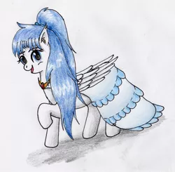 Size: 2048x2009 | Tagged: safe, artist:40kponyguy, derpibooru import, oc, oc:clarise, pegasus, pony, clothes, cute, derpibooru exclusive, dress, ear fluff, gala dress, image, jpeg, looking at you, ponytail, simple background, skirt, solo, traditional art