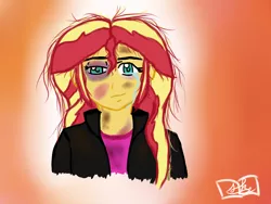 Size: 1400x1050 | Tagged: semi-grimdark, artist:fluidty, derpibooru import, sunset shimmer, equestria girls, abuse, black eye, bruised, crying, dirty, image, messy hair, png, shimmerbuse, smiling, tears of pain