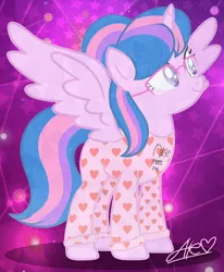 Size: 1030x1253 | Tagged: safe, alternate version, artist:muhammad yunus, derpibooru import, oc, oc:hsu amity, unofficial characters only, alicorn, pony, clothes, engrish, female, gift art, glasses, heart, image, mare, png, solo, stars background