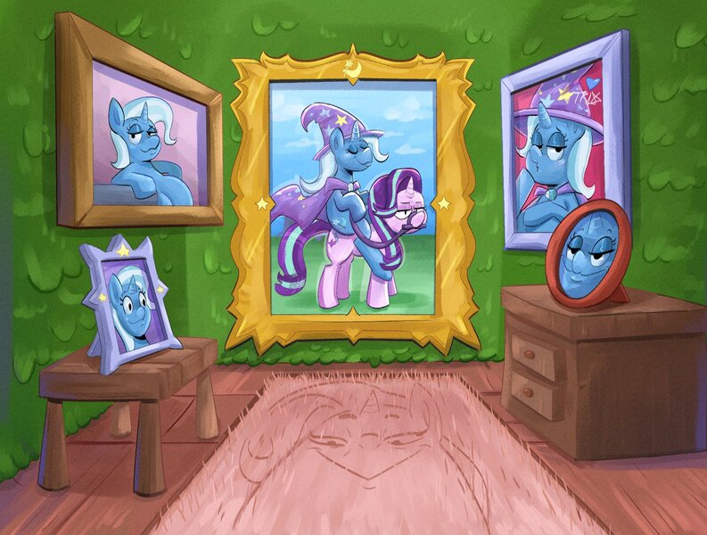 Size: 2153x1629 | Tagged: safe, artist:another_pony, derpibooru import, starlight glimmer, trixie, pony, unicorn, bit, bridle, bust, dresser, female, image, jpeg, mare, narcissism, picture frame, ponies riding ponies, portrait, pranks a lot, reins, riding, rug, spongebob squarepants, table, tack, trixie riding starlight glimmer