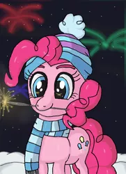 Size: 1120x1544 | Tagged: safe, artist:ewrrfb, derpibooru import, pinkie pie, earth pony, pony, beanie, clothes, cloud, cloudy, cute, diapinkes, fireworks, hat, image, new year, new years eve, night, png, scarf, snow, snowfall, solo, sparkler (firework), winter, winter outfit