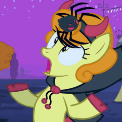Size: 512x512 | Tagged: safe, derpibooru import, screencap, carrot top, golden harvest, earth pony, pony, spider, luna eclipsed, season 2, animated, clothes, costume, cropped, devil costume, female, gif, halloween, halloween costume, holiday, image, loop, mare, perfect loop, scared, solo