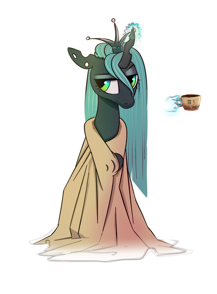 Size: 1700x2300 | Tagged: safe, artist:imadeus, derpibooru import, queen chrysalis, changeling, changeling queen, clothes, coffee, coffee mug, crown, cute, cutealis, female, hand, horn, image, jewelry, jpeg, magic, magic hands, messy mane, morning ponies, mug, regalia, robe, simple background, solo, telekinesis, tired, towel, white background